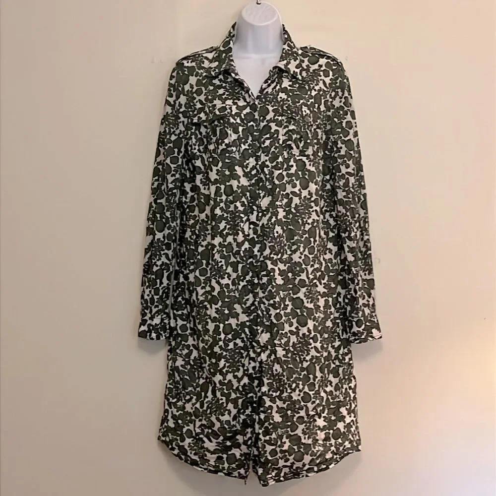 Tory Burch Green and White Floral Midi Shirt Dress size 12 - missing belt